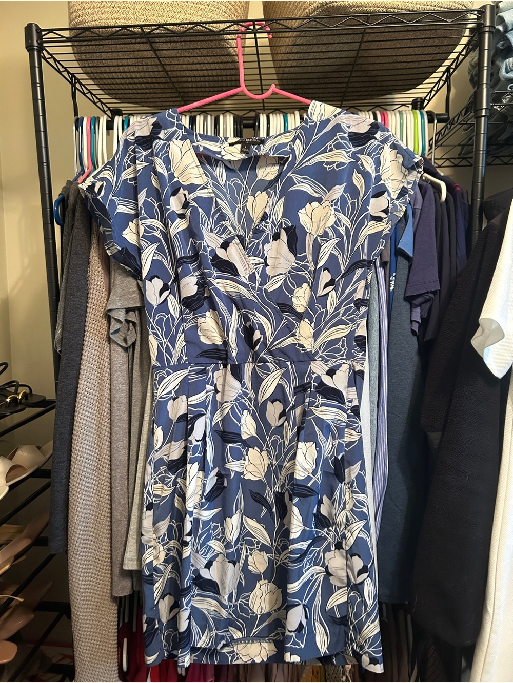 Banana Republic Blue Floral V-Neck  Dress